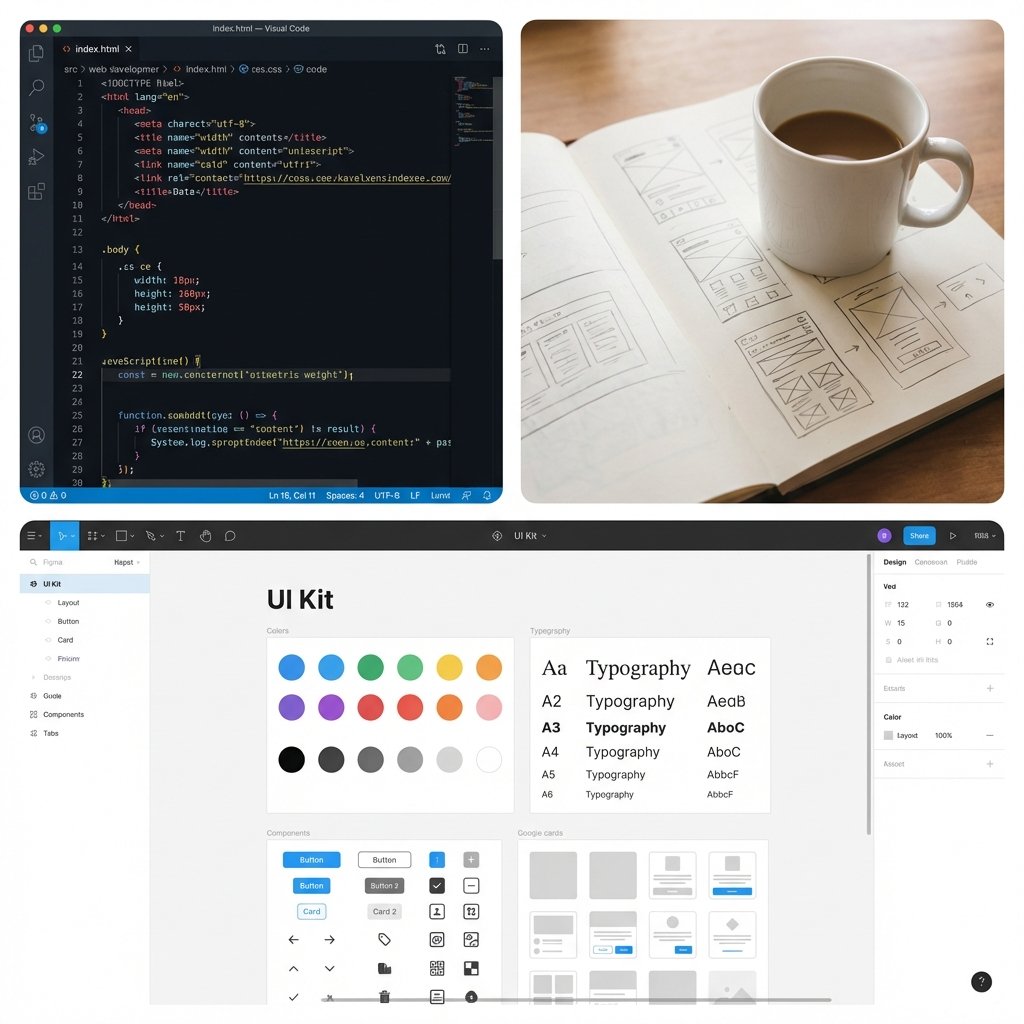 Our Digital Workspace - VS Code, Sketchbook with Coffee, and Figma UI Kit